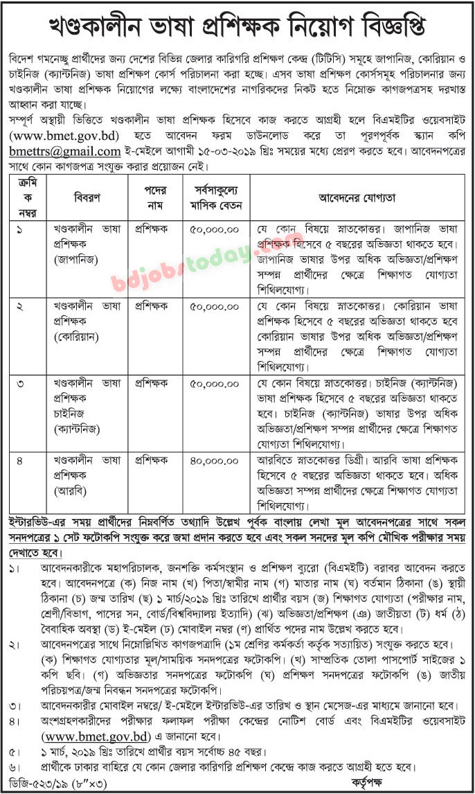 Bureau Of Manpower Employment And Training Bmet Part Time Language Teacher Arabic Jobs Bdjobstoday Com