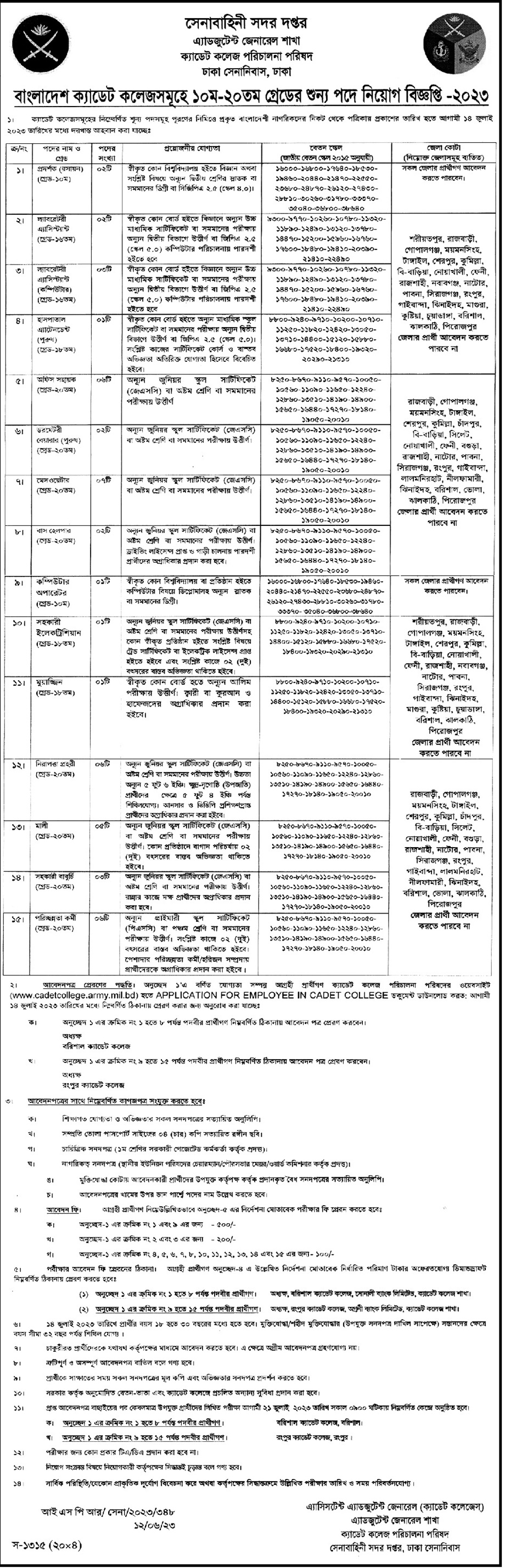 cadet college job circular
